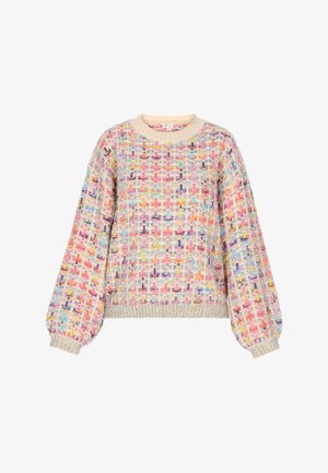 Adīta džemperis ar gariem pūkainiem piedurknēm, ar daudzkrāsainu rakstu audumu rozā, zilā, dzeltenā un bežā krāsā. Apaļš izgriezums.