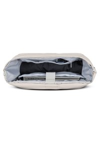 Beige laptop bag with blue inner lining, featuring a padded compartment, zippered pocket, and secure strap for laptop placement.