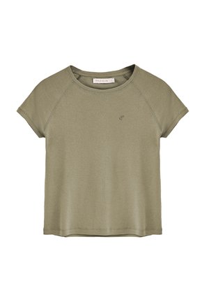 T-shirt olive en coton à manches courtes avec un col rond et un logo discret sur la poitrine. Tissu mélangé en coton doux avec une coupe décontractée.