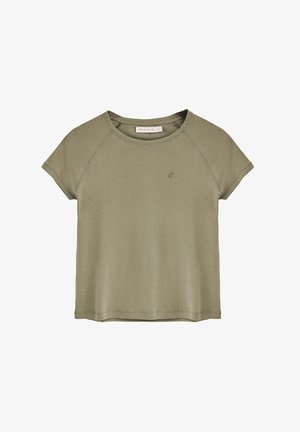 Olive green short-sleeve t-shirt with a round neckline and a subtle logo on the chest. Soft cotton blend fabric with a relaxed fit.