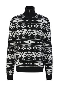 Gestrickter schwarz-weißer Pullover mit einem Reißverschluss am Hals, der ein kompliziertes geometrisches Muster über den Stoff aufweist, sowie gerippten Bündchen und Saum.