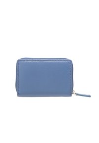 Portafoglio in pelle blu con superficie texturizzata, chiusura con zip, piccolo tirante a zip e forma rettangolare. Nessun motivo o decorazione visibile.