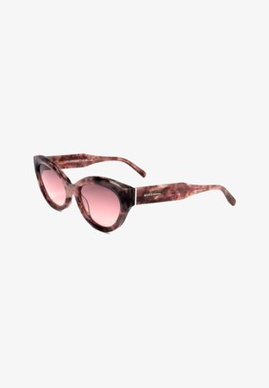 Occhiali da sole stile cat-eye con montatura marrone marmorizzata e lenti rosa, con il marchio Scotch & Soda sulla stanghetta.
