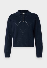 Dunkelblaues Strickpullover mit einem rautenförmigen Durchbruchsdesign, gerippten Bündchen und Saum, Kragen und vier Holzknöpfen an der vorderen Leiste.