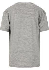 Grå kortärmad t-shirt med ett mjukt, texturerat tyg och en enkel rund halsringning. Slät, oavbruten baksidesdesign.
