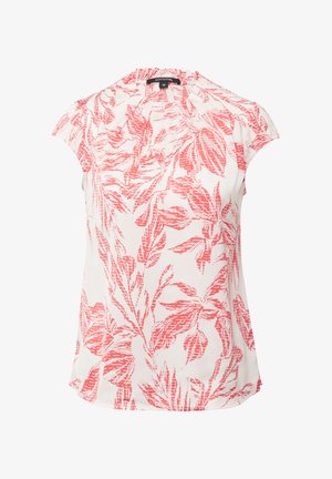 Biała bluzka o wysokim dekolcie i krótkich rękawach, z nadrukiem czerwonych liści i plisowanymi akcentami. Gładka tekstura materiału.