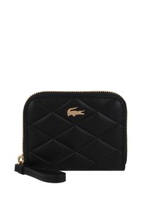 Porte-monnaie noir matelassé en cuir, doté d'une fermeture éclair dorée et d'un logo doré. Forme rectangulaire compacte avec une lanière pour le poignet.