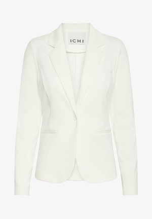 Blazer blanc en tissu lisse, avec une fermeture à un bouton, des revers en notch et deux poches avant. L'étiquette indique "ICHI."