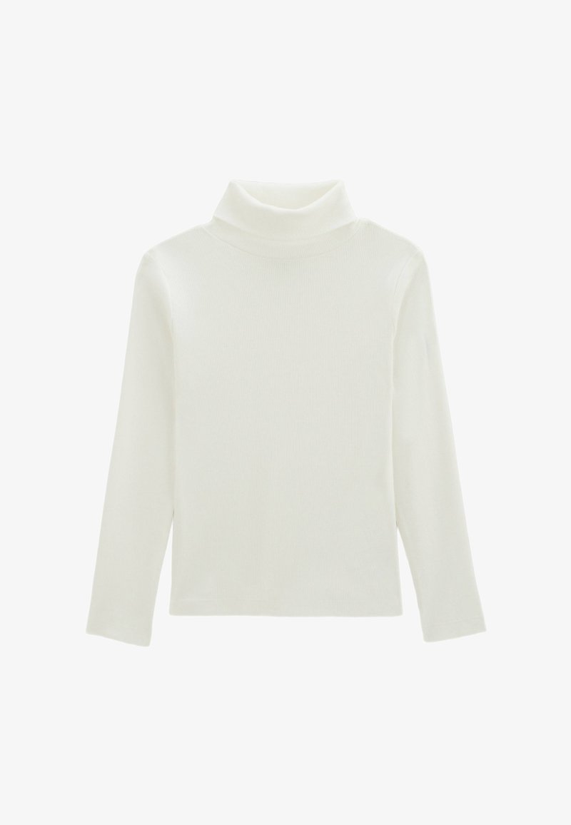 Haut à manches longues en tissu côtelé off-white. Présente une silhouette ajustée et un col roulé. Texture lisse, sans motifs ni accents.