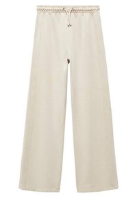 Beige leveled pants yang terbuat dari katun lembut, dilengkapi dengan pinggang elastis dan tali serut serta jahitan samping yang terlihat.