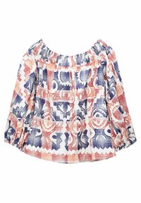 Off-the-shoulder top with an elastic neckline, featuring a white base and a bold red and navy geometric pattern, gathered sleeves, and textured fabric.