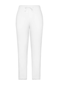 White sweatpants with an elastic waistband and adjustable drawstring. Tapered fit with ribbed cuffs at the ankle. Smooth, lightweight fabric.