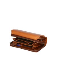 Portafoglio in pelle marrone con chiusura a zip, dotato di più scomparti per carte e una superficie liscia. Compatto, con un bordo superiore curvato.