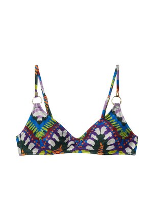 Multikleurige bikinitop met een driehoekige vorm, gemaakt van ribbelstof. Heeft bloem- en geometrische patronen, verstelbare bandjes en gouden hardware.