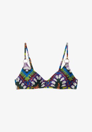 Multicolored bikini top with a triangular shape, made of ribbed fabric. Features floral and geometric patterns, adjustable straps, and gold hardware.