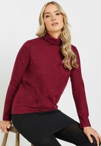 Burgundy polotröja med långa ärmar och strukturerad yta, kombinerad med en svart kjol och strumpbyxor. Enkelt design med en bekväm passform.