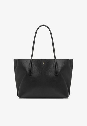 Czarna torba tote z teksturowanej skóry z długimi uchwytami i małym złotym logo na środku przodu.
