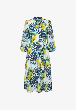Weißes Midikleid mit gelbem Zitronen- und blauem Blumenmuster, Dreiviertelärmeln, Knopfleiste vorne und Taillengürtel.