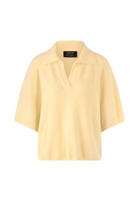 Yellow knitted short-sleeve pullover with a polo collar, featuring a ribbed hem and soft texture throughout.