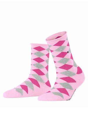 Skarpetki w różowo-szary wzór argyle z prążkowanymi mankietami i czarnym akcentem logo z boku. Wykonane z miękkiego, elastycznego materiału dla komfortu.