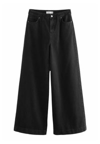 Mustat leveälahkeiset denimhousut, joissa on korkea vyötärö, klassinen viisi-taskumalli ja nappisuljenta edessä. Sileä pinta.