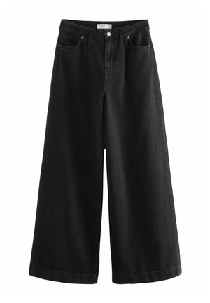 Sorte bredbenede denimbukser med høj talje, klassisk fem-lomme design og knaplukning foran. Glat tekstur.