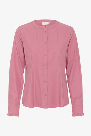 Pink long-sleeve blouse with a round neckline, front buttons, and ruffled cuffs. Smooth fabric with a fitted design and flared bottom.
