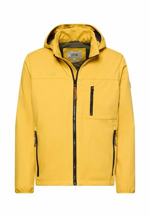 Yellow hooded jacket with black front and pocket zippers, mesh inner lining, and "Camel Active" brand label inside collar.