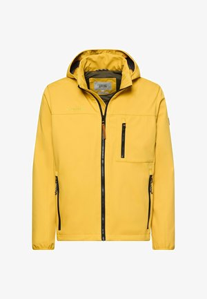 Yellow hooded jacket with black front and pocket zippers, mesh inner lining, and "Camel Active" brand label inside collar.
