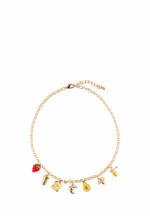 Gold chain bracelet featuring various colorful charms: a strawberry, drink cup, egg, croissant, avocado, and lemon.