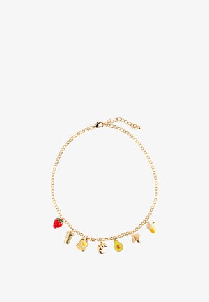Gold chain bracelet featuring various colorful charms: a strawberry, drink cup, egg, croissant, avocado, and lemon.