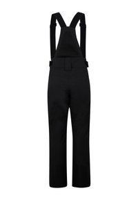 Black snow pants with adjustable straps, a mesh back, straight legs, and reinforced lower panels for durability.