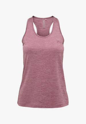 Camiseta deportiva sin mangas en color malva con diseño de espalda cruzada y textura jaspeada sutil, con un pequeño logo en el pecho izquierdo.