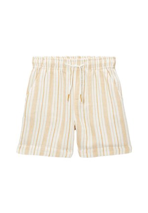 Short blanc ample avec fines rayures verticales beiges, taille élastique, poches avant et lien de serrage blanc.
