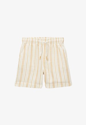 Short blanc ample avec fines rayures verticales beiges, taille élastique, poches avant et lien de serrage blanc.
