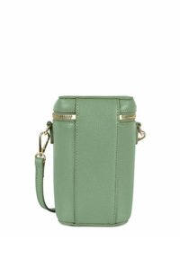 Borsa cilindrica verde in pelle con zipper e hardware dorati, dotata di un cinturino laterale e di una superficie texturizzata.