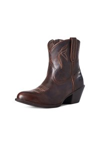 Botas de vaquero de cuero marrón con costuras decorativas, punta afilada y tacón bajo apilado. Presenta un logo embosado en el lateral.