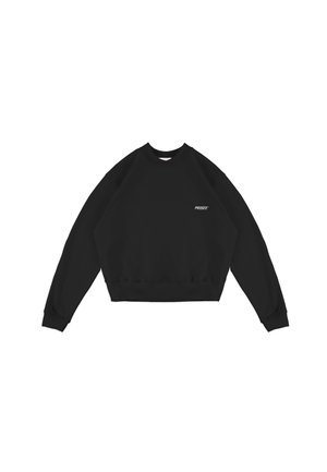 Czarna krótka bluza z długimi rękawami, okrągłym dekoltem, ściągaczami na mankietach i u dołu, z dyskretnym białym logo "PROSTO" na przodzie.