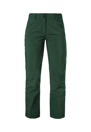 Green outdoor pants made from a durable fabric. Features include a flat waistband, zippered pockets, and reinforced lower leg areas.