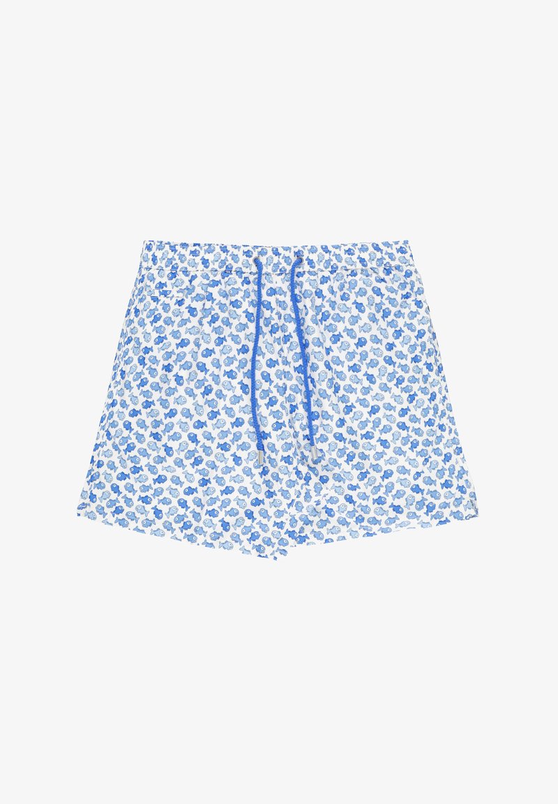 Shorts légers à motif floral blanc et bleu. Dotés d'une taille élastique avec un cordon de serrage bleu. Bords ourlés.