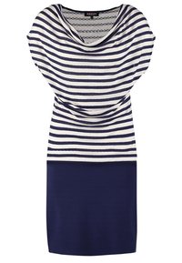 Robe sans manches pour femme avec un haut à rayures horizontales bleu marine et blanc et une jupe unie bleu marine.