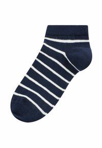 Marineblaue Knöchelsocke mit weißen horizontalen Streifen, aus weichem Material gefertigt. Verfügt über eine verstärkte Ferse und Spitze für zusätzliche Haltbarkeit.