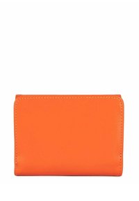 Portafoglio in pelle arancione con texture liscia, forma rettangolare e cuciture bianche. Nessun hardware visibile o motivi.