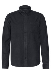 Svart långärmad skjorta med knappar, gjord av kordflorsmaterial, med krage, en ficka på bröstet och knäppning framtill.