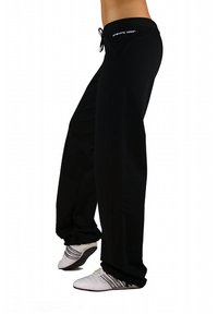 Black athletic pants with a drawstring waist, loose fit, featuring a small logo on the hip and a smooth, lightweight fabric.