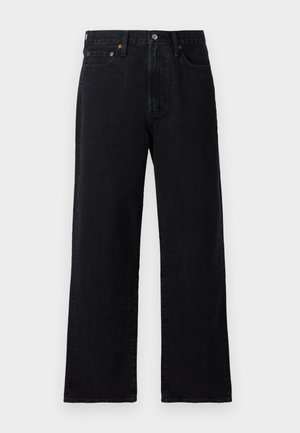Black denim jeans featuring a straight-leg cut, five pockets, copper hardware details, and a minimalist design with a slightly textured finish.