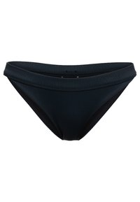 Črne bikinije s pasom iz rebraste tkanine, srednje visok pas in kontrastnimi stranskimi ploščami. Preprost dizajn in lahkoten material.