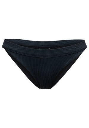 Black bikini bottom with ribbed texture, mid-rise waist, and contrasting side panels. Simple design and lightweight material.