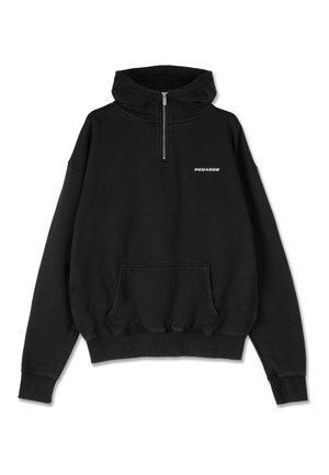 Zwarte sweatshirt met een hoge kraag en een halve rits. Voorzien van een voorkant zak en geribde boorden. "PEGADOR" logo in het wit op de borst. Zachte textuur.