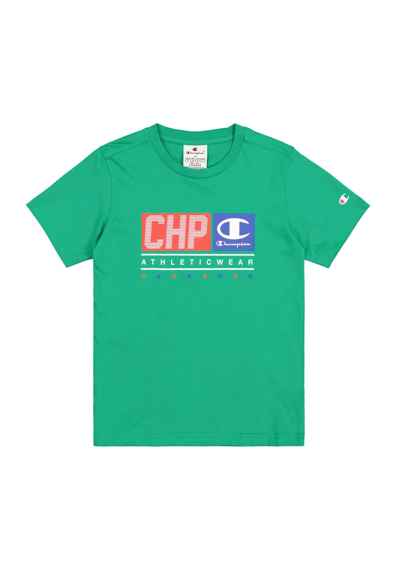 Camiseta de algodón verde con un diseño gráfico que presenta "CHP" en rojo, "ATHLETICWEAR" en blanco y un logo azul de Champion en el pecho.
